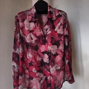 Jones New York Pink Red Long Sleeve Notched Collar Shirt